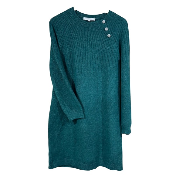 LOFT Women's Emerald Green Metallic Soft Sweater Dress Rhinestone Buttons SZ S - Picture 1 of 7